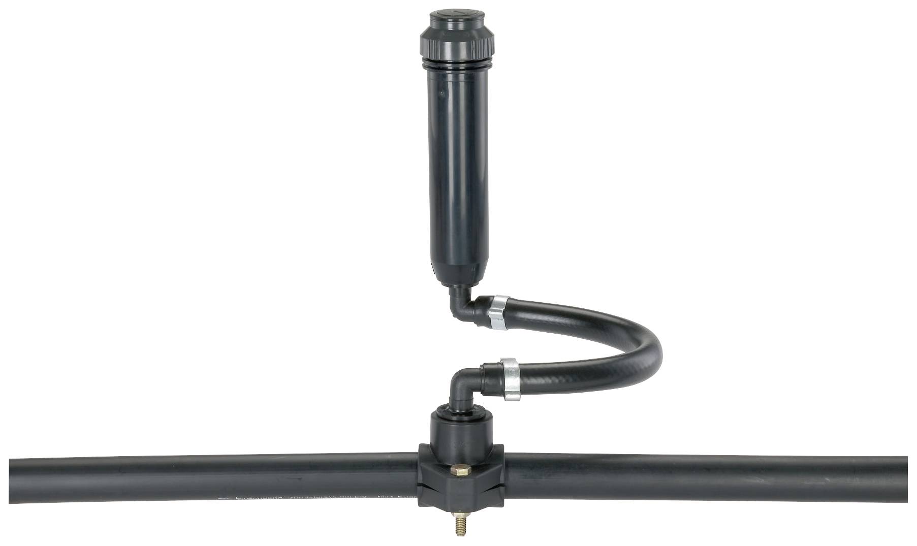 Czarny system rur z pionowym odcinkiem, zamocowany do rury poziomej, przedstawia przykładową konfigurację instalacyjną.