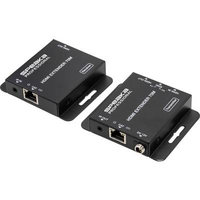 Dwa czarne przedłużacze HDMI marki Speaka Professional z oznaczeniami 'Receiver' i 'Transmitter' do wydłużania sygnału wideo.