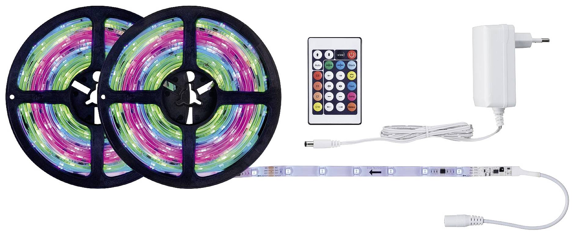 Dwie rolki kolorowych łańcuchów LED z pilotem i zasilaczem; idealne do dekoracyjnego oświetlenia.