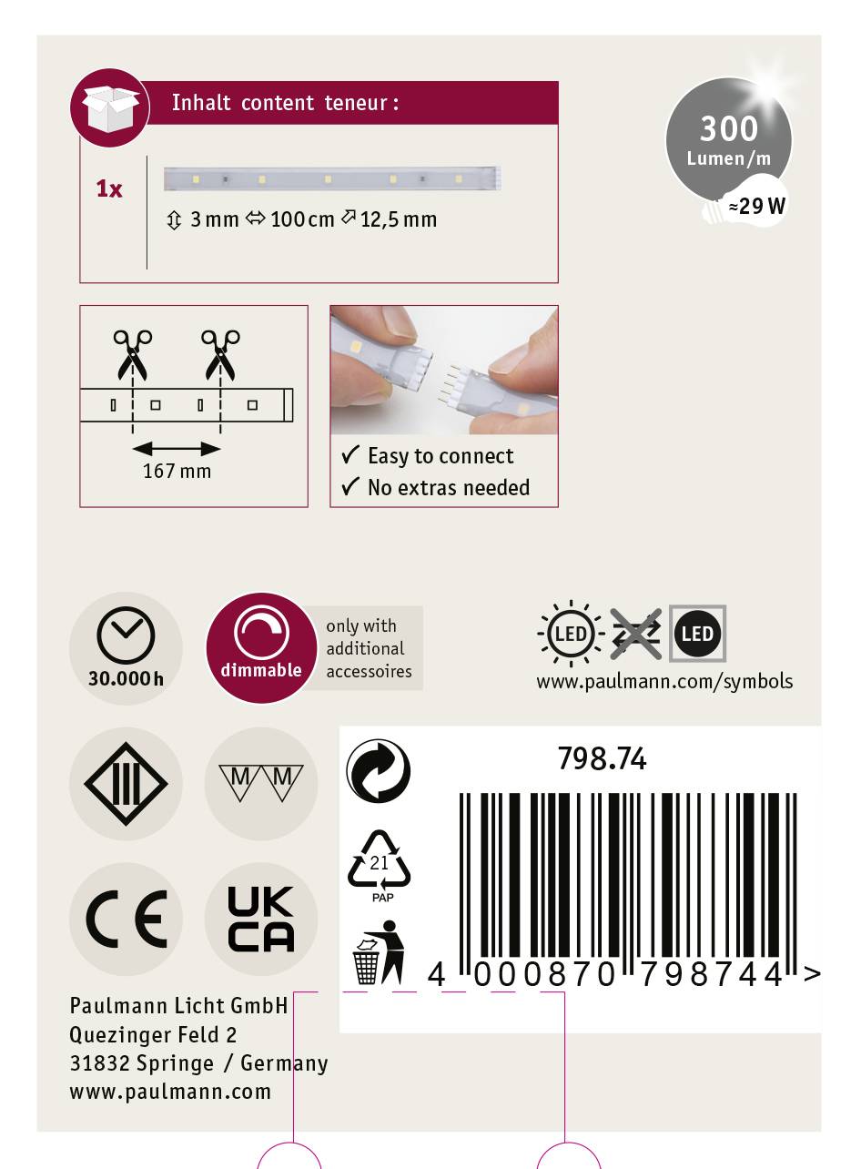 'Pasek LED o jasności 300 lumenów/m, 1x 100 cm, 3-12,5 mm. Prosta instalacja, bez dodatkowych akcesoriów. Możliwość ściemniania, żywotność 30 000 godzin.'