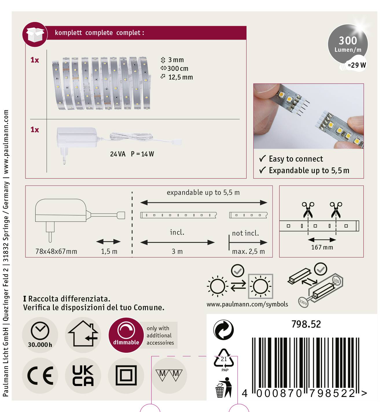Kompletny zestaw do listwy LED, 300 lumenów/m, 29W. Możliwość rozbudowy do długości 5,5 m, w zestawie zasilacz. Kompaktowy i łatwy w montażu.