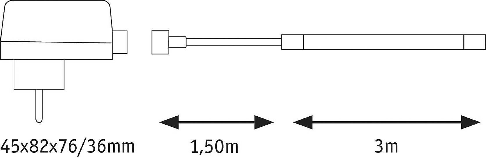 Diagram prostokątnego urządzenia z wtykiem, połączonego przewodem. Długości przewodu: 1,50 m i 3 m. Wymiary: 45x82x76/36 mm.