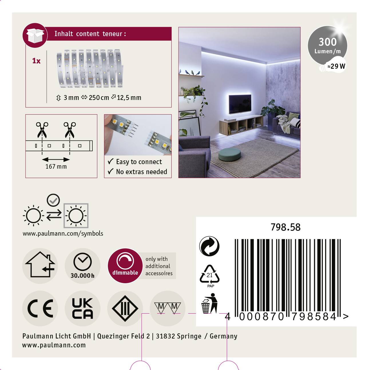 Opakowanie listwy LED: Zawiera 300 lumenów/m, długość 3m, łatwa w podłączeniu, nie wymaga dodatkowych akcesoriów.