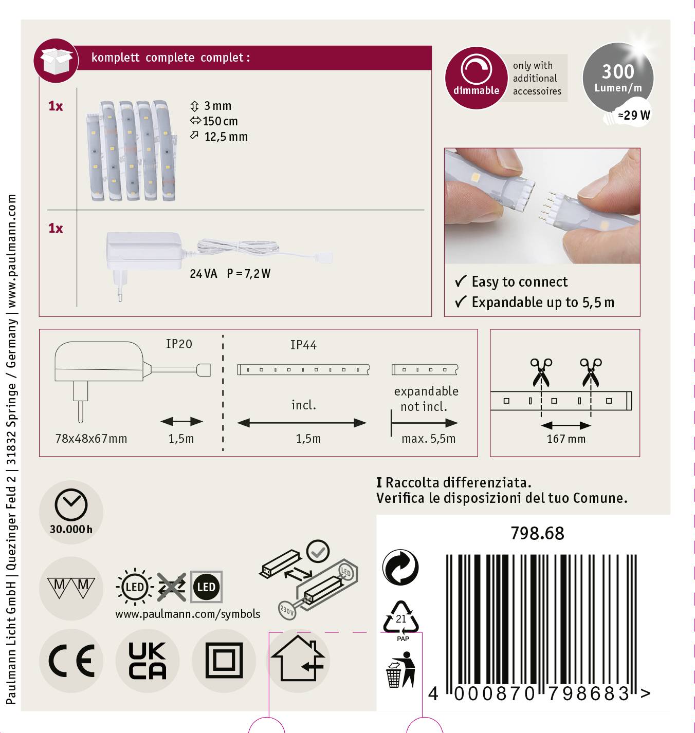 'Zestaw lamp LED o szerokości 12,5 mm, żywotności 30.000 godzin, stopniu ochrony IP20. Możliwość rozbudowy do 5,5 m. Dostępna opcja ściemniania.'