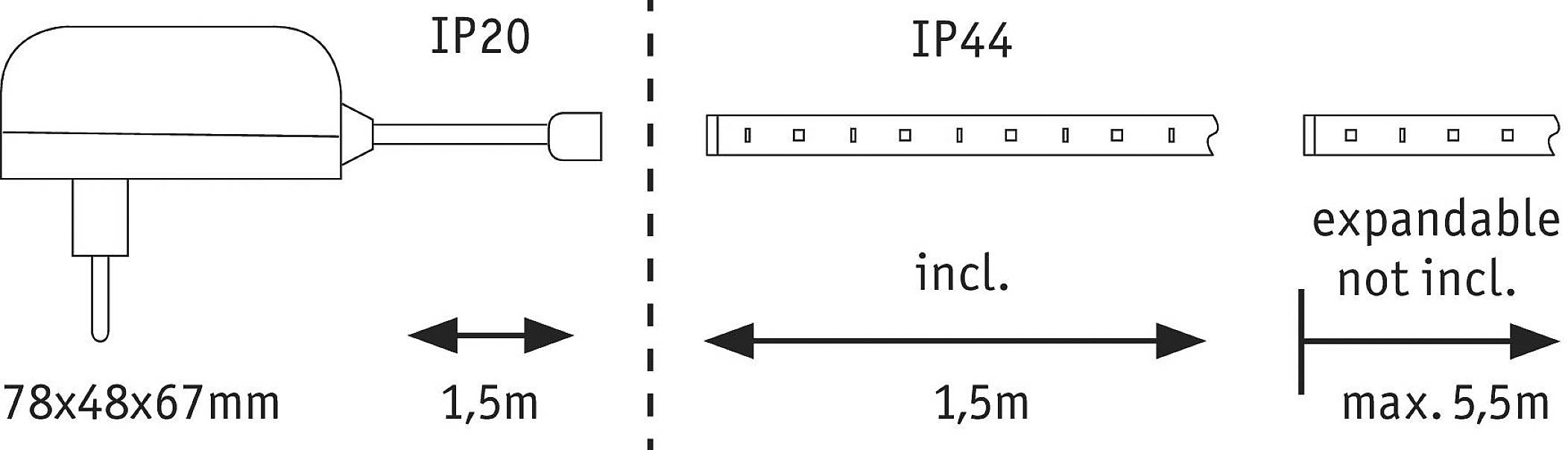 Ilustracja przedstawia girlandę świetlną z włącznikiem IP20 i przewodem IP44. Całkowita długość 3 m, możliwość rozbudowy do 5,5 m (nie zawarto w zestawie).
