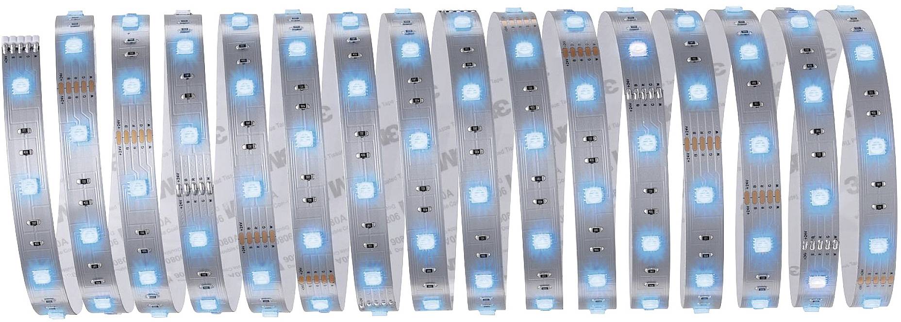 Kilka rzędów niebieskich pasów LED, równomiernie rozmieszczonych na białym tle.