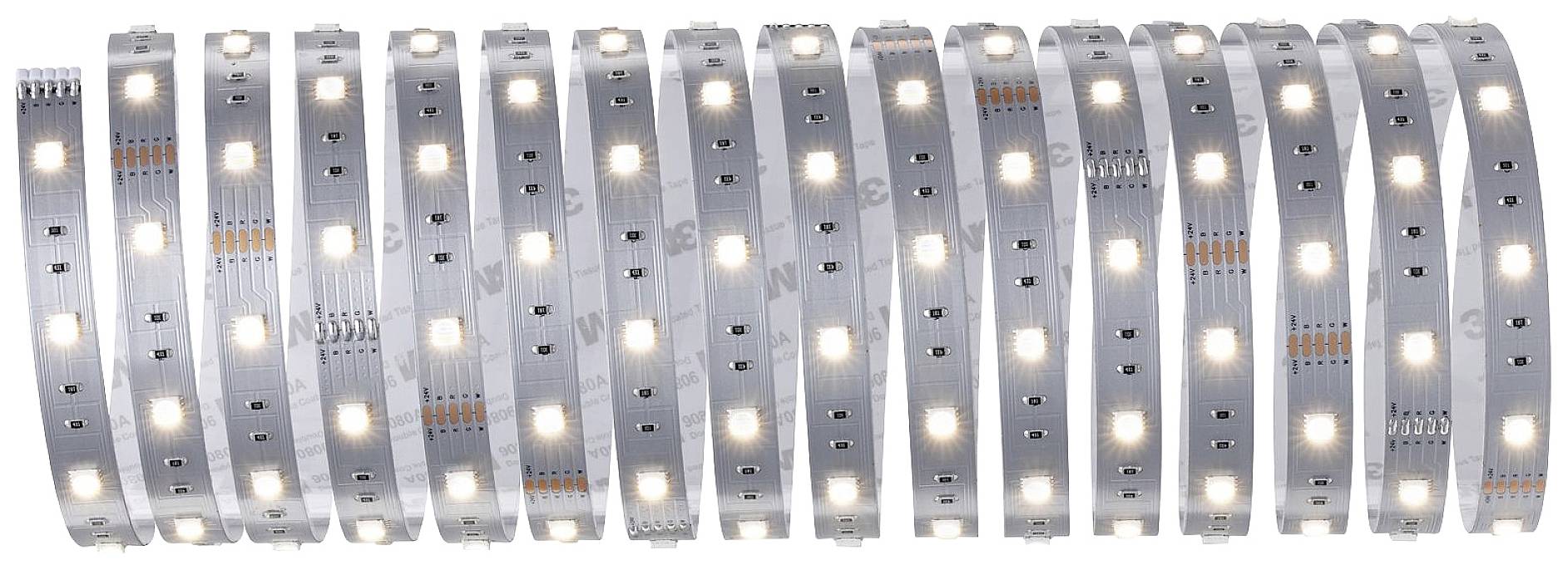 Pasek LED z równomiernie rozmieszczonymi świecącymi diodami, zwinięty w rolkę.