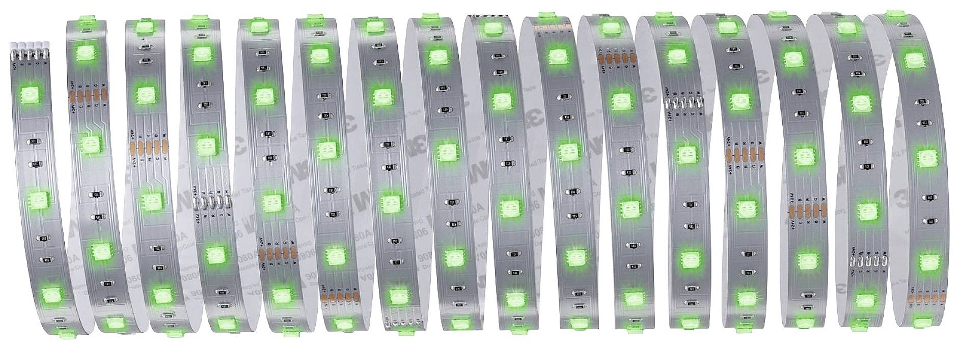 Zielone pasma świateł LED równomiernie rozłożone na rolce, na białym tle.