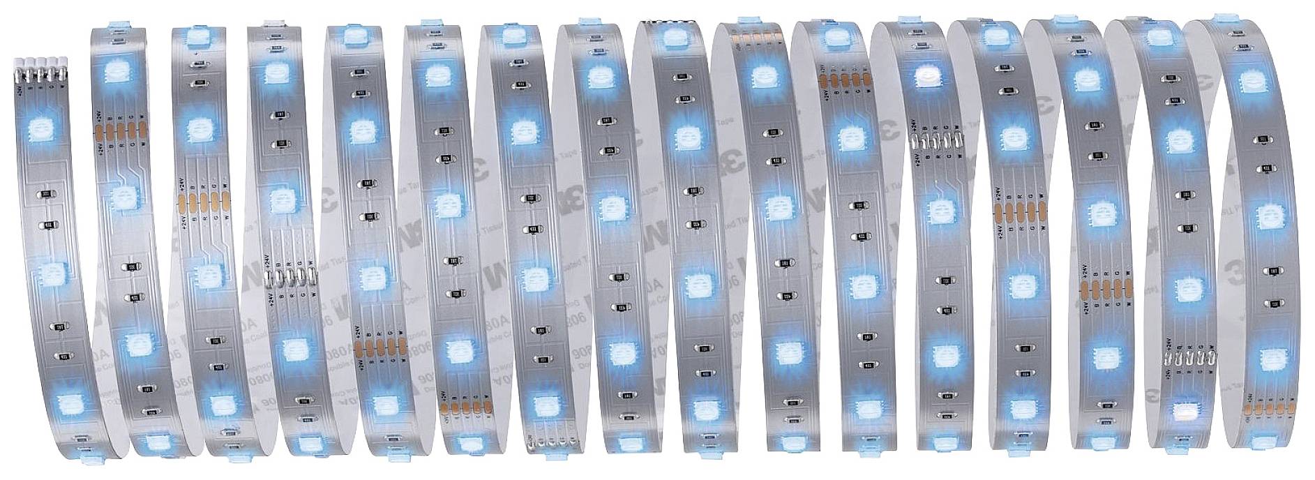 Zwinięta szyna świetlna LED z niebieskimi diodami LED, równomiernie rozmieszczonymi na elastycznym pasku.