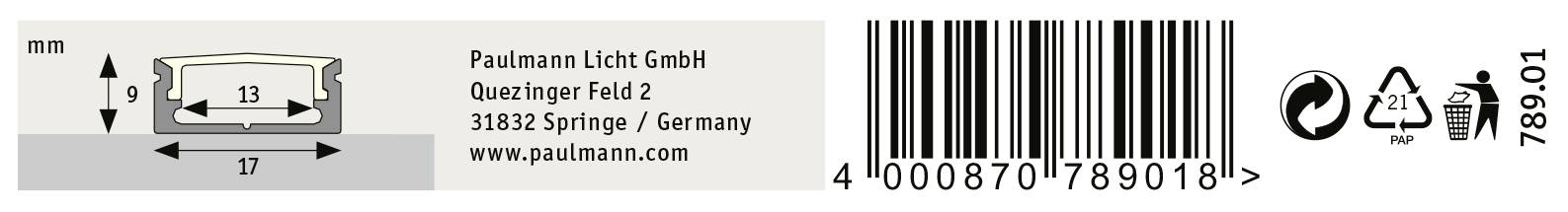 Etykieta żarówki firmy Paulmann Licht GmbH z kodem kreskowym, wymiary lampy (13 mm x 17 mm), symbol recyklingu, strona internetowa, adres.