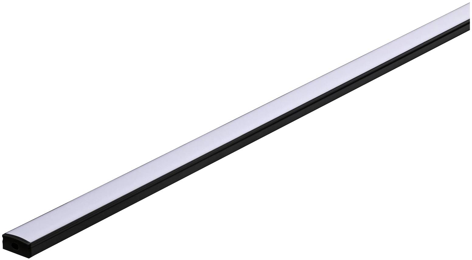 Listwa LED w aluminiowej obudowie, wąska i długa, z białą przednią osłoną, odpowiednia do stosowania wewnątrz pomieszczeń jako oświetlenie akcentujące.