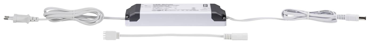 Zasilacz z białymi przewodami i czarnym adapterem wtykowym pośrodku.