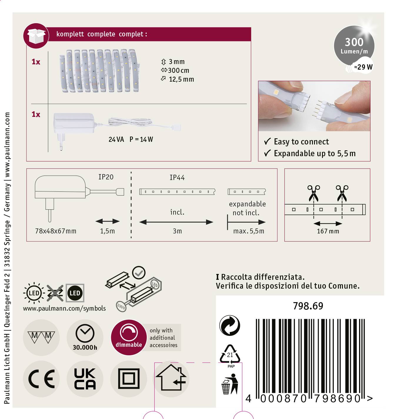 Zestaw składający się z pasków LED i akcesoriów. Cechy: 300 lumenów/m, dwa rodzaje ochrony IP, łatwy w podłączeniu, rozszerzalny do 5,5 m.