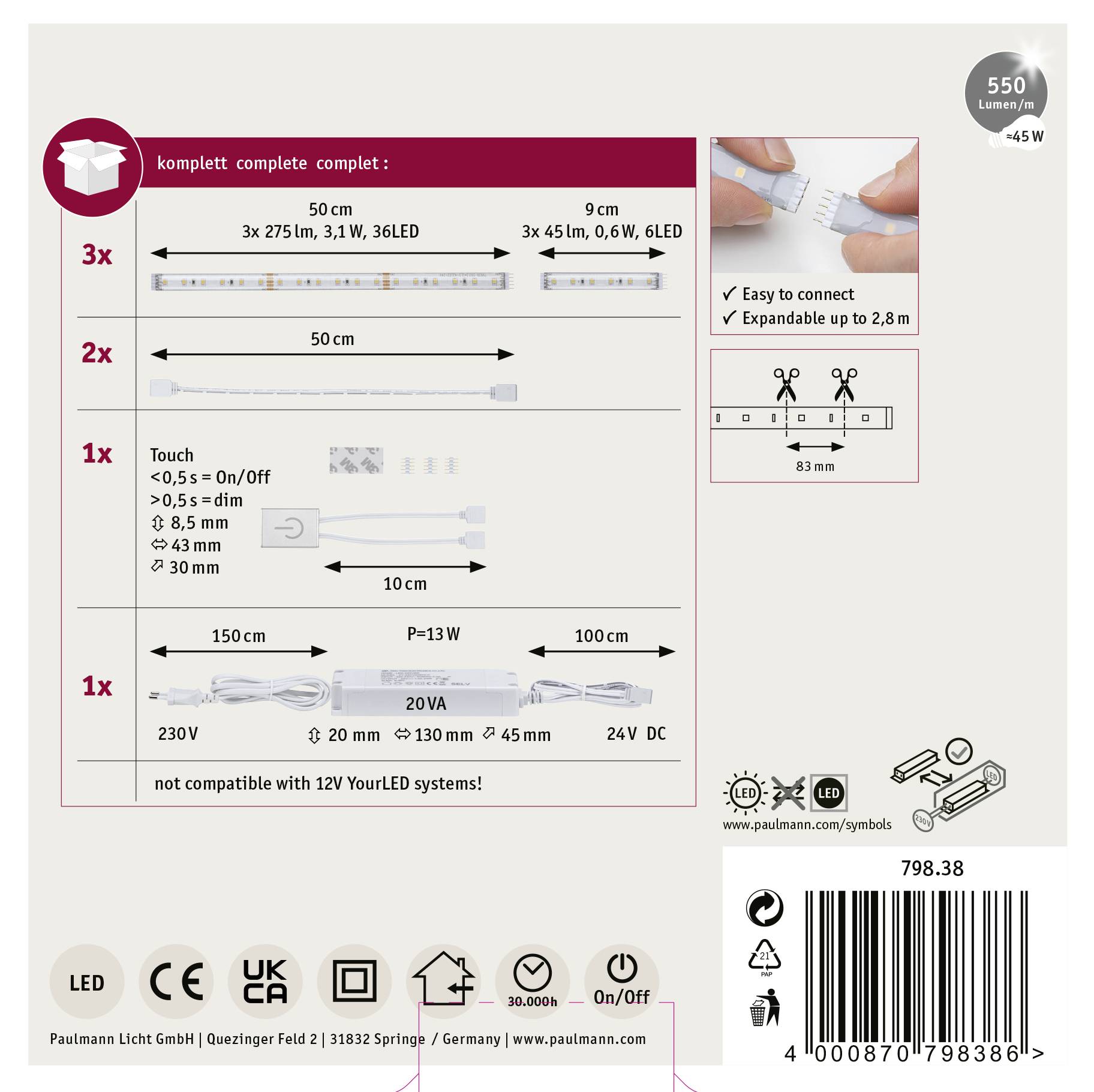 Zestaw oświetlenia LED. Zawiera 3 listwy świetlne: 2x 50 cm, 1x 30 cm, w tym kontroler dotykowy. 550 lumenów, 6,5 W, 3 połączenia YourLED.