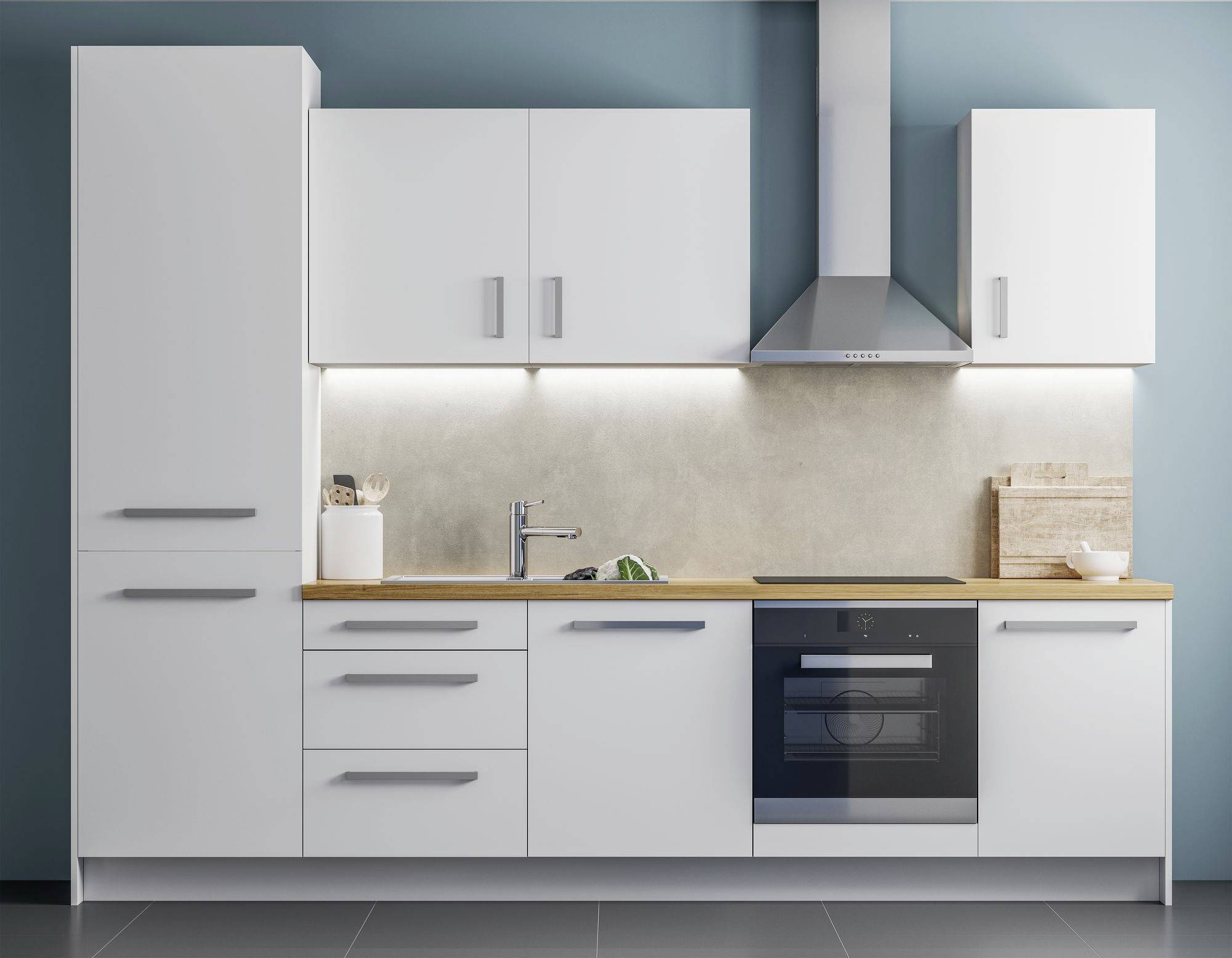 Nowoczesna kuchnia z białymi szafkami, drewnianym blatem roboczym, kuchenką ze stali nierdzewnej i okapem. Stonowane kolory w minimalistycznym stylu.