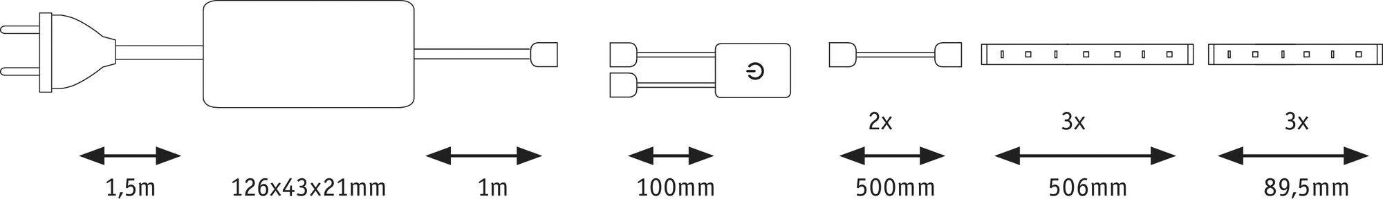 Diagram przedstawia długość kabla: 1,5 m (wtyczka), 126x53x21 mm (adapter), 1 m, 100 mm, 2x 500 mm, 3x 89,5 mm (listwy LED).