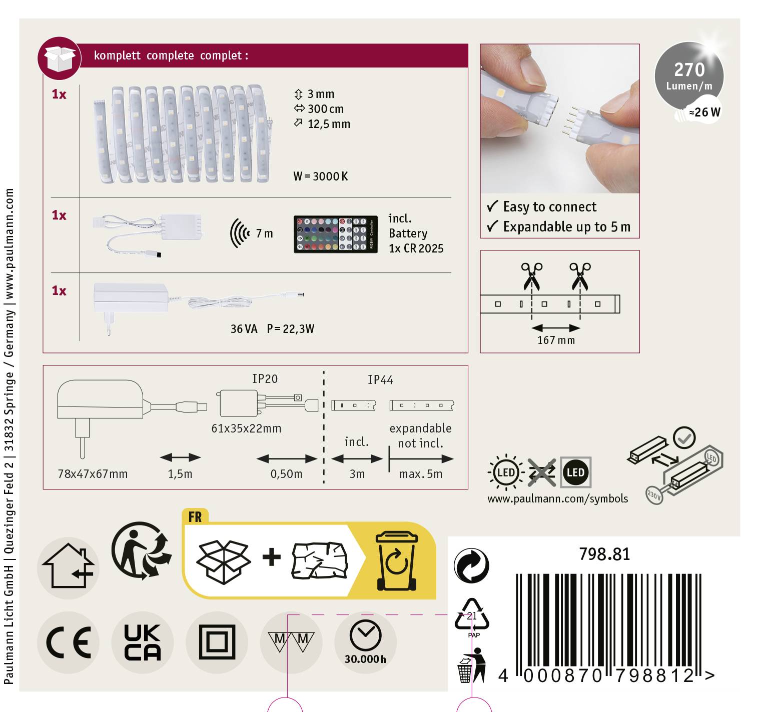 Zestaw z 3-metrowym paskiem LED, 270 lumenów, 7-metrowym przewodem, baterią (CR2025), 36V, złączem wtykowym, możliwość rozbudowy do 5 metrów. IP20/IP44.