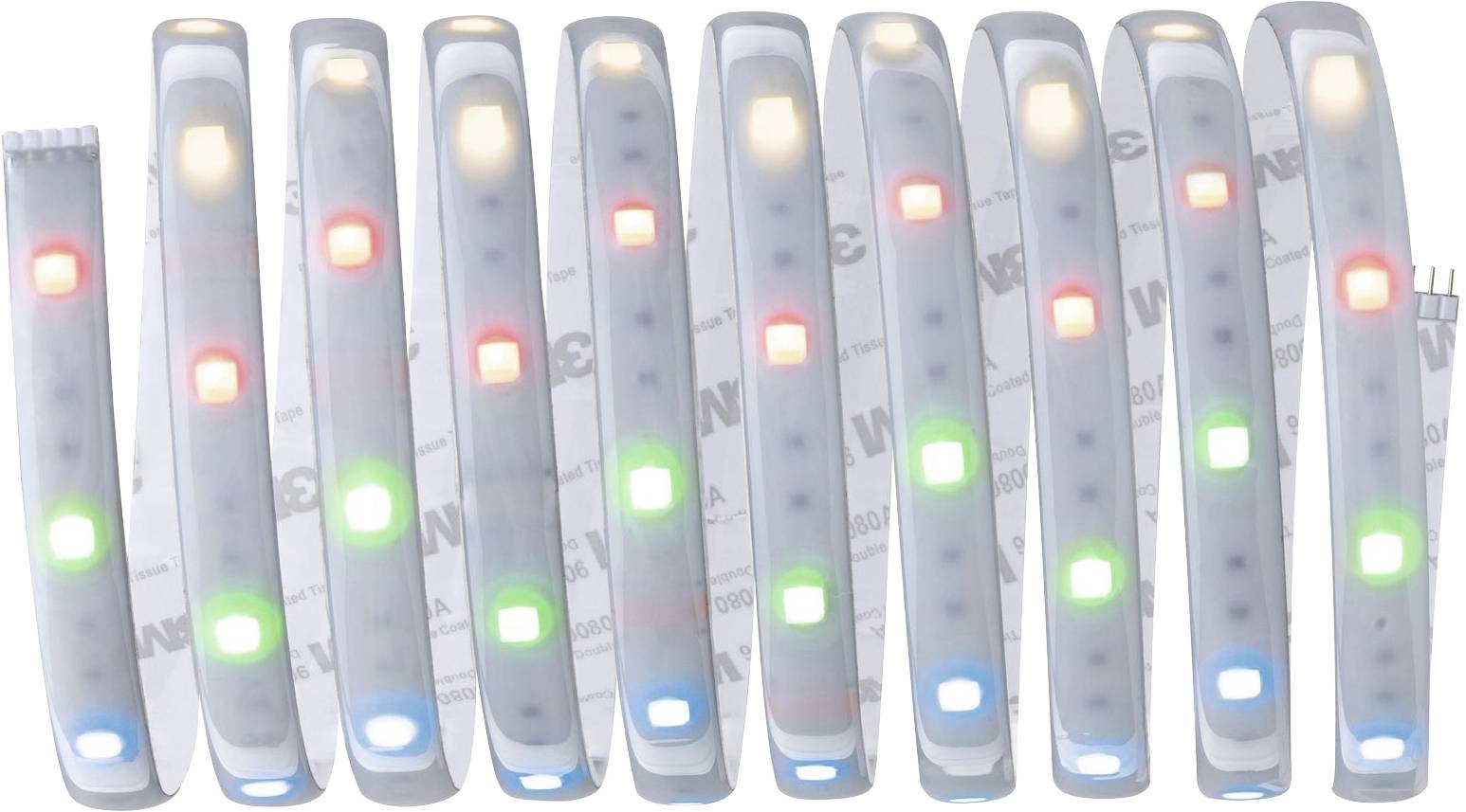 Pasek świetlny LED z diodami elektroluminescencyjnymi w różnych kolorach rozmieszonymi w równych odstępach.