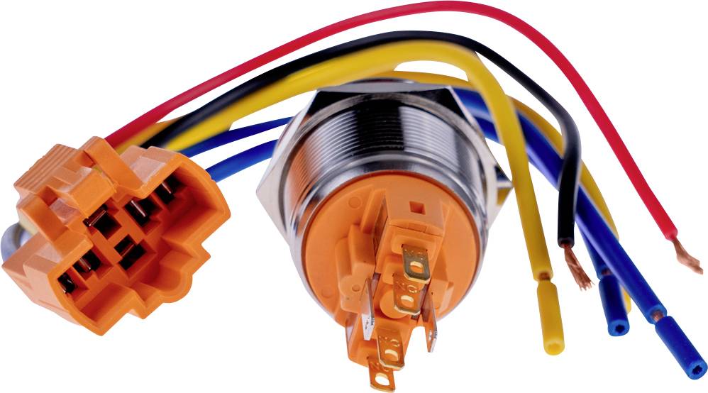 Wiązka przewodów z pomarańczowym złączem, wielokolorowymi przewodami i metalowym przełącznikiem, prawdopodobnie do instalacji elektrycznych.