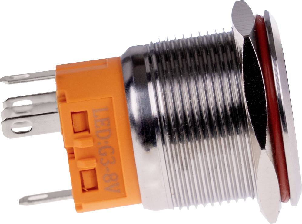 Okrągły metalowy przycisk z jasnopomarańczową obudową z tworzywa sztucznego i trzema stykami przyłączeniowymi. Nadaje się do stosowania w układach elektronicznych.