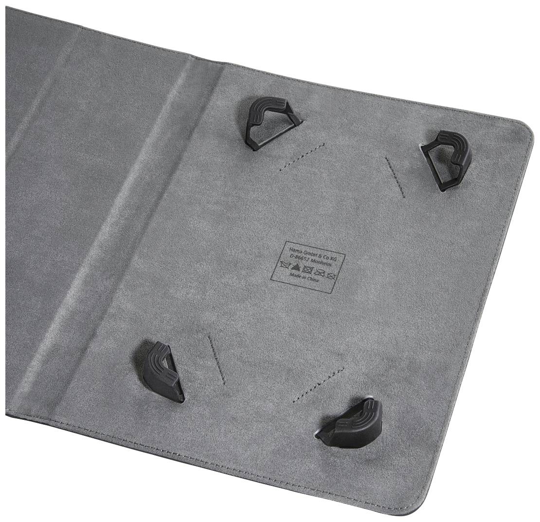 Szaro-czarna okładka na tablet z czterema uchwytami w narożnikach do bezpiecznego zamocowania urządzenia, odpowiednia do elastycznego zastosowania.