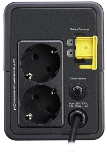Widok z tyłu urządzenia elektrycznego z dwoma gniazdami, przełącznikiem baterii, bezpiecznikiem i przewodem zasilającym.
