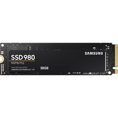 Dysk SSD Samsung 980 NVMe M.2 o pojemności 500 GB, czarnej powierzchni, z żółtym i białym napisem.