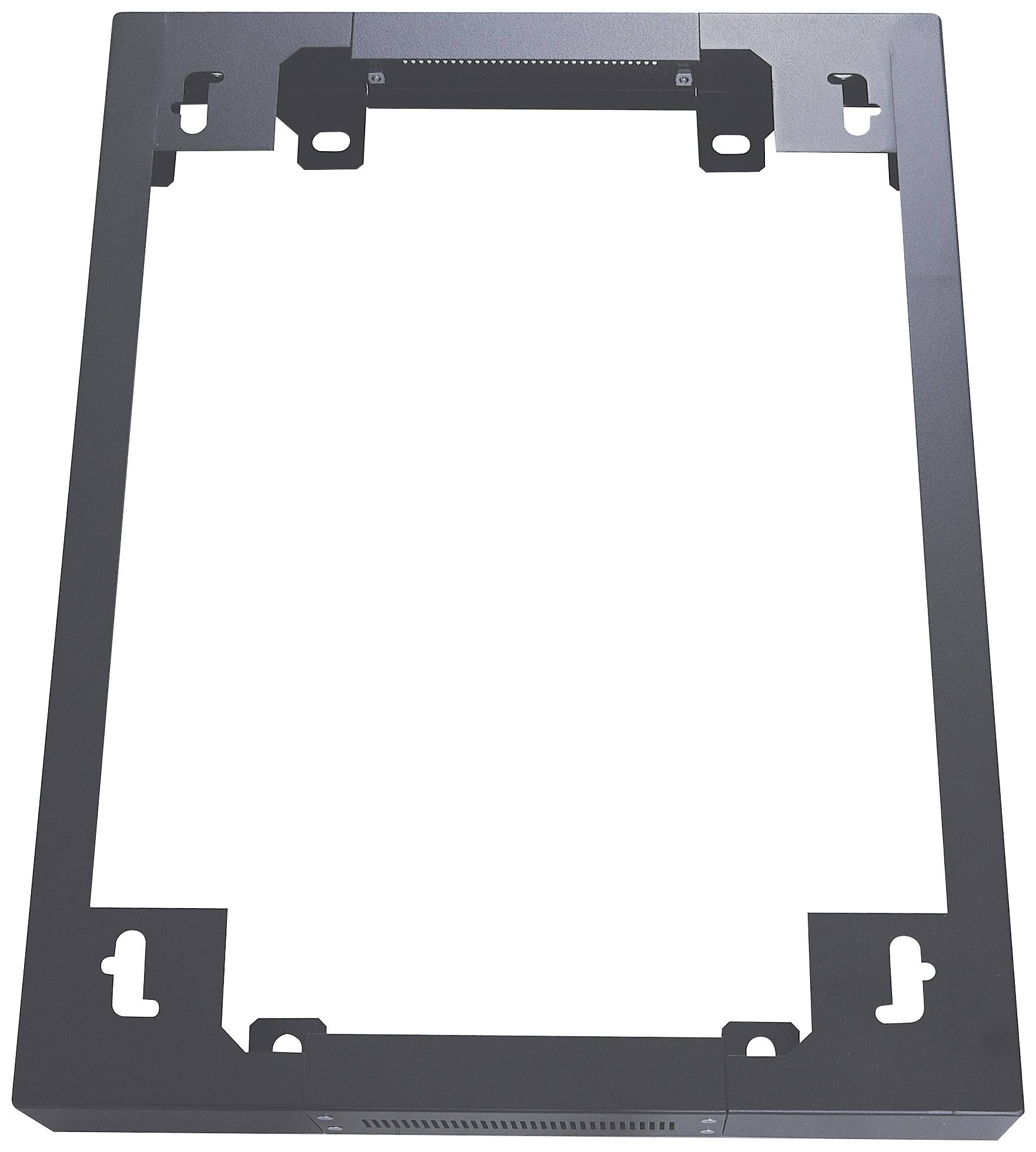 Metalowa rama wykonana z ciemnego materiału z czterema kątownikami montażowymi, odpowiednia do zabudowy w urządzeniu technicznym lub elektronicznym.