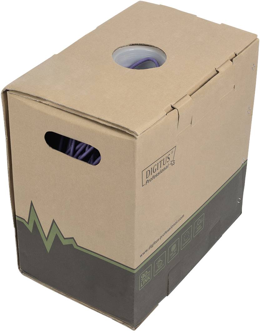 Pudełko kartonowe z uchwytami i okrągłym okienkiem z przodu. Na opakowaniu widoczny napis 'DIGITUS'. Opakowanie zawiera kabel.