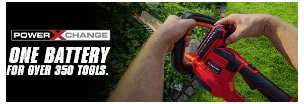 Promocyjny baner przedstawiający osobę trzymającą czerwone narzędzie bezprzewodowe Power X Change z tekstem "JEDNA BATERIA DO PONAD 350 NARZĘDZI."