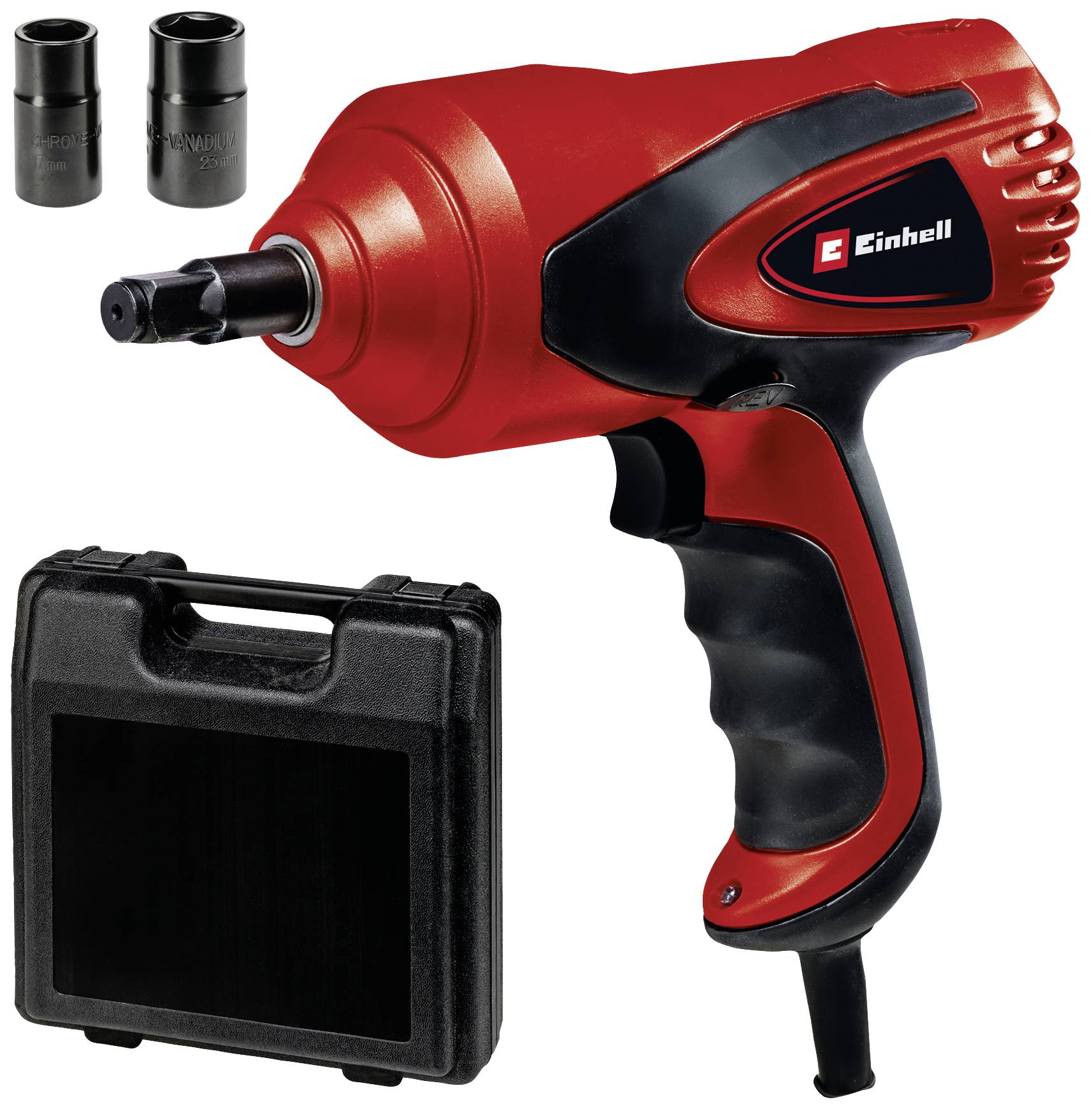 Czerwony, elektryczny zestaw wkrętaków udarowych z dwiema nasadkami i czarną torbą transportową.