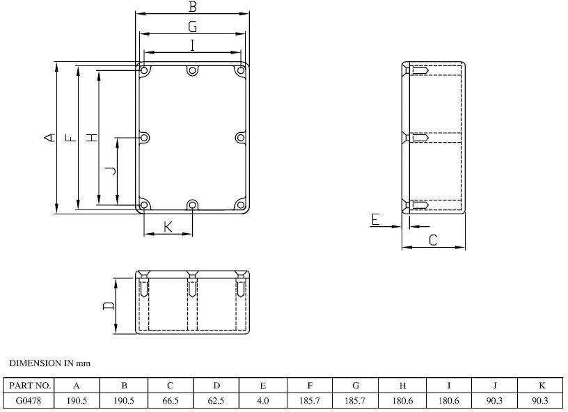 Rysunek techniczny prostokątnej obudowy z wymiarami w milimetrach: szerokość, wysokość, głębokość oraz pozostałe szczegóły.
