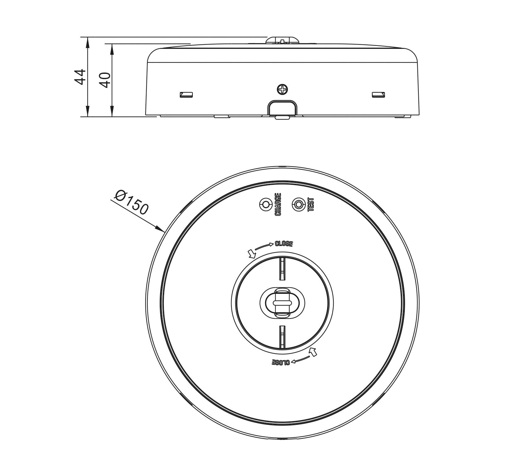 Rysunek techniczny okrągłego urządzenia o średnicy 150 mm i wysokości 44 mm. Góra: widok z boku. Dół: widok z góry z oznaczeniami.
