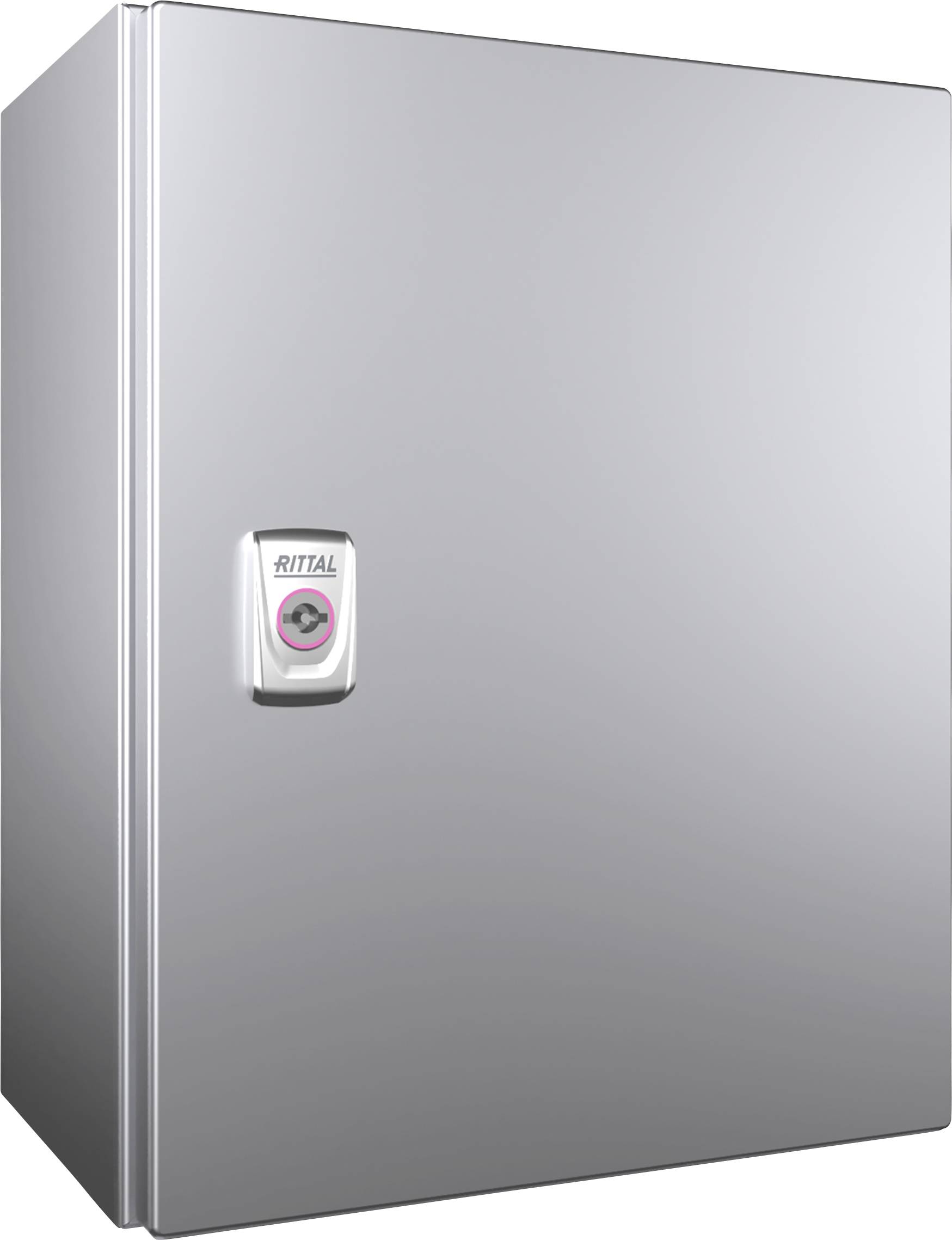 Srebrna szafa sterownicza z centralnym zamkiem z przodu, oznaczona logo 'Rittal'. Odpowiednia do instalacji komponentów elektrycznych.