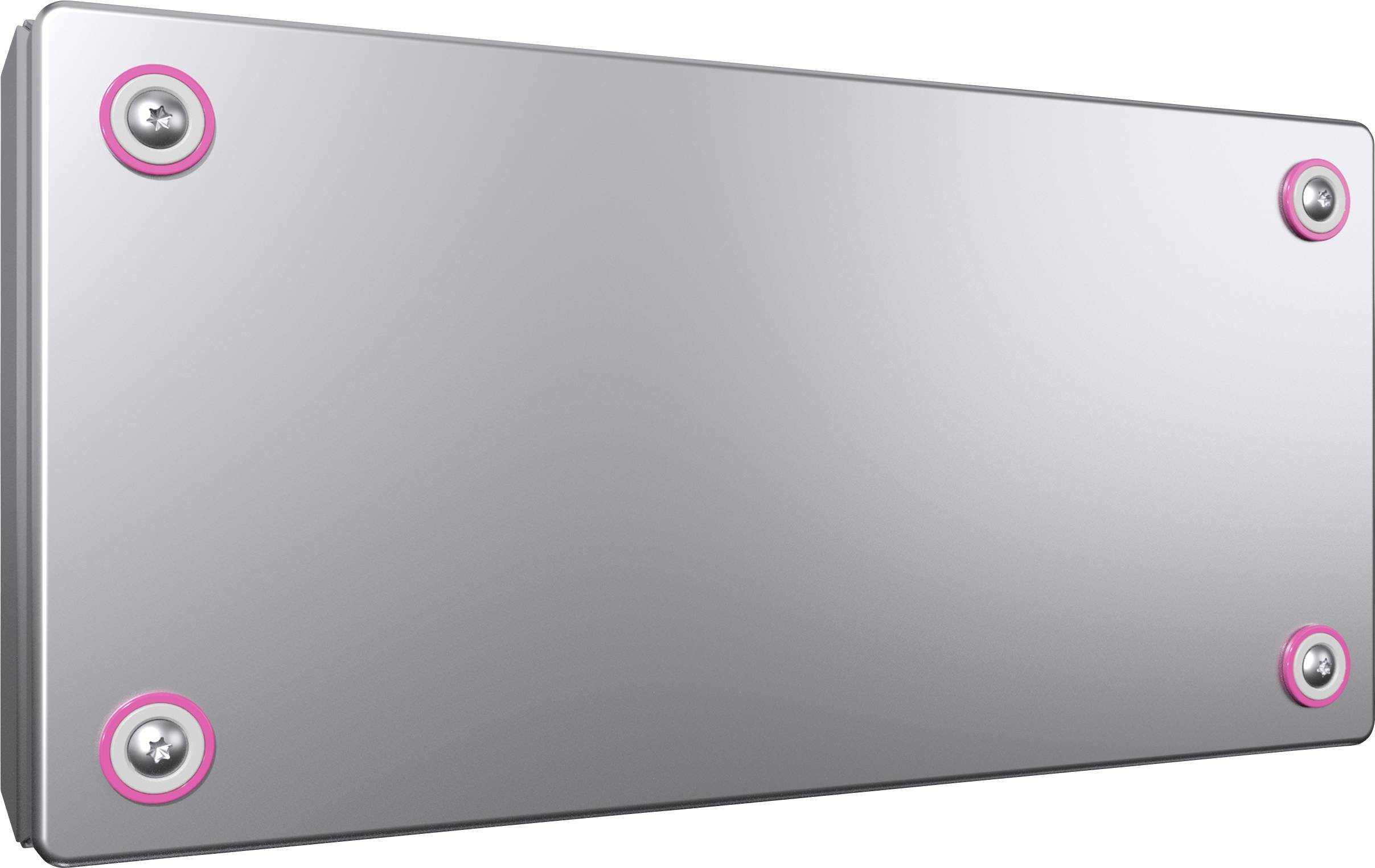 Prostokątna metalowa płyta z czterema widocznymi śrubami w narożnikach. Tło jest jednolicie szare.