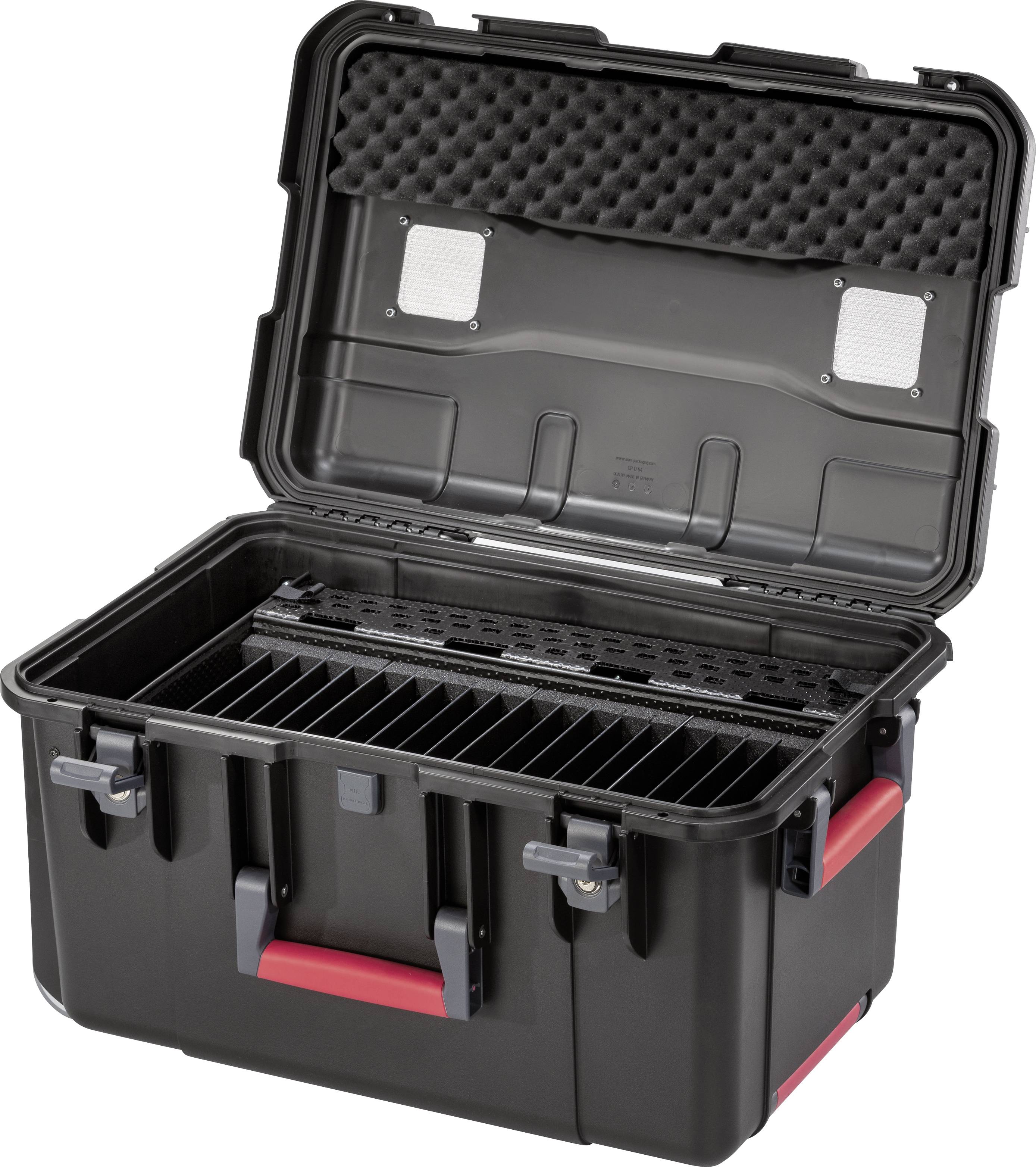 'Otwarty, czarny kufer na narzędzia z wieloma przegrodami, idealny do zorganizowanego przechowywania narzędzi i akcesoriów.'