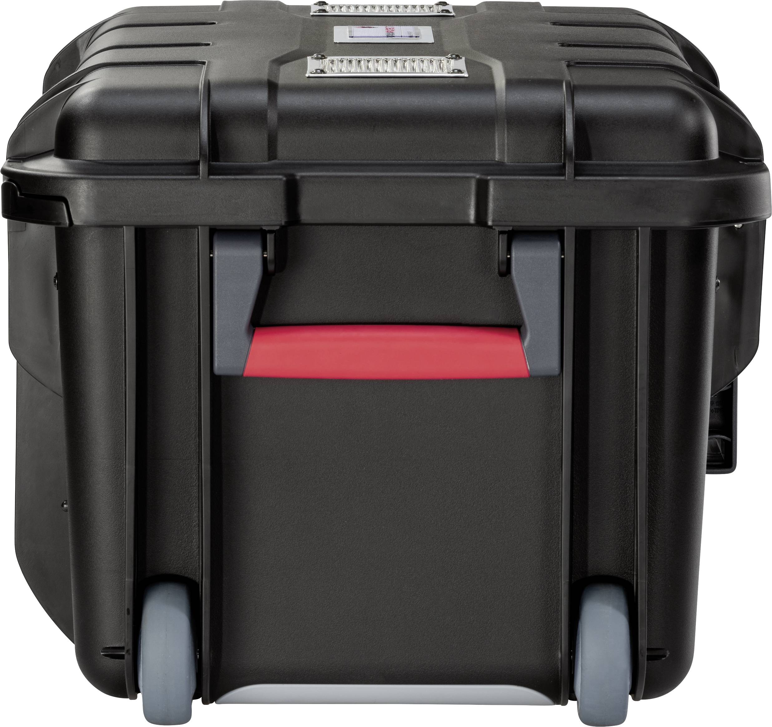 Czarny, wytrzymały wózek na kółkach z solidnymi kołami i czerwonym uchwytem, idealny do bezpiecznego transportu narzędzi lub sprzętu.