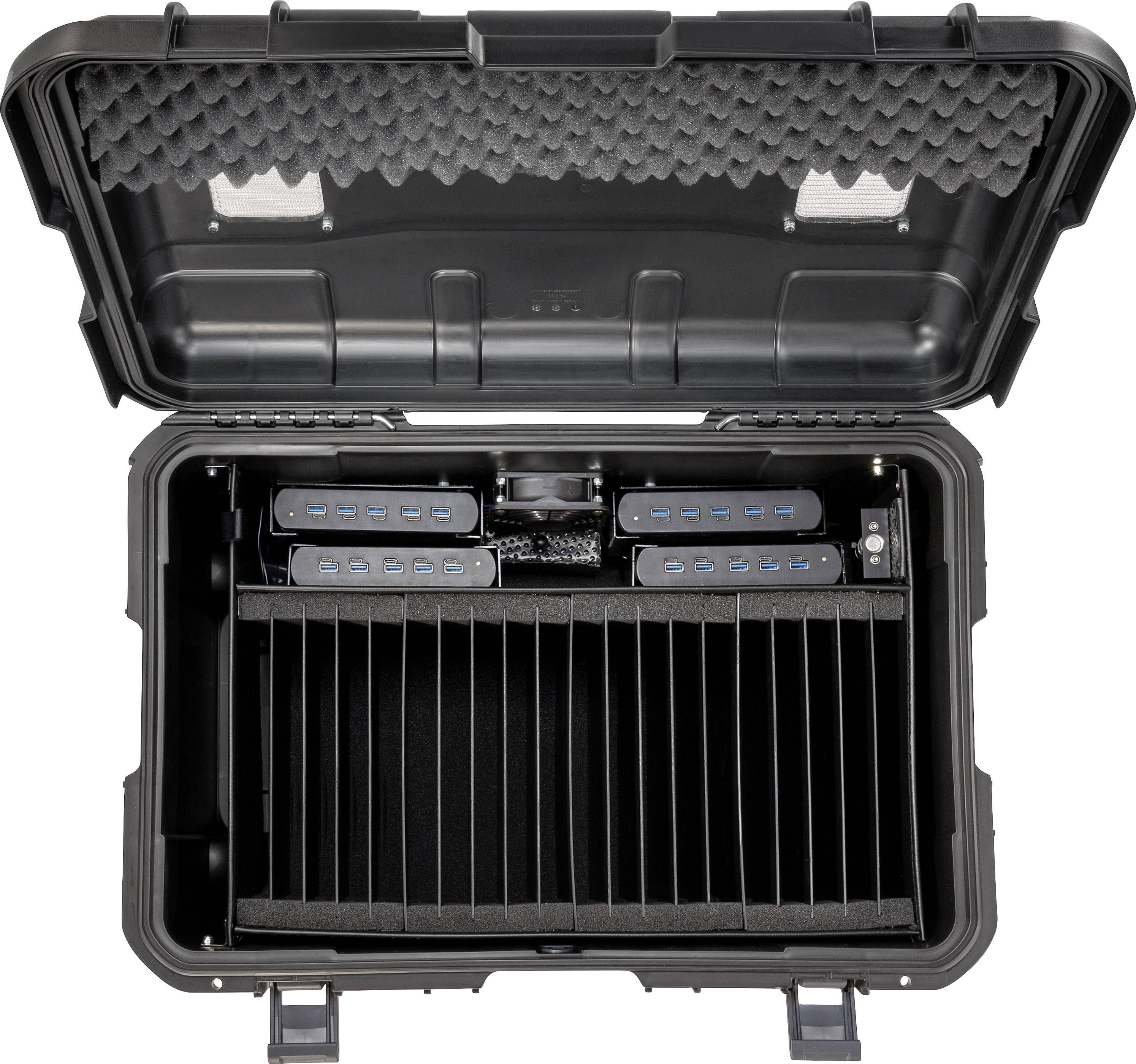Otwarty, wytrzymały kufer transportowy z wieloma portami USB i przegrodami wewnętrznymi do bezpiecznego przechowywania i transportu urządzeń elektronicznych.