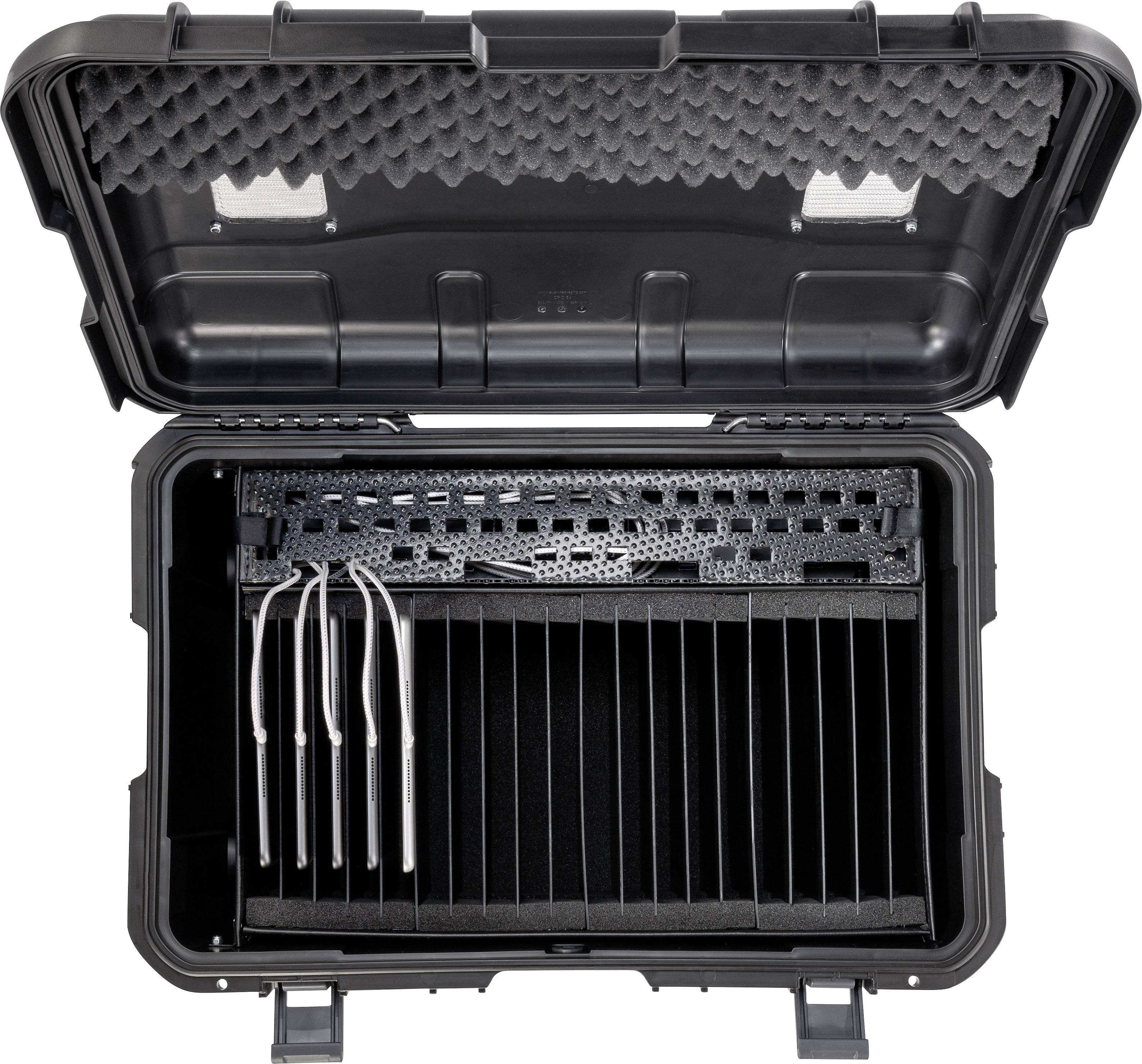 Czarno-szara walizka z otwartą klapą, wewnątrz uporządkowana wkładkami z pianki i srebrnymi, zakrzywionymi rurkami po lewej stronie.