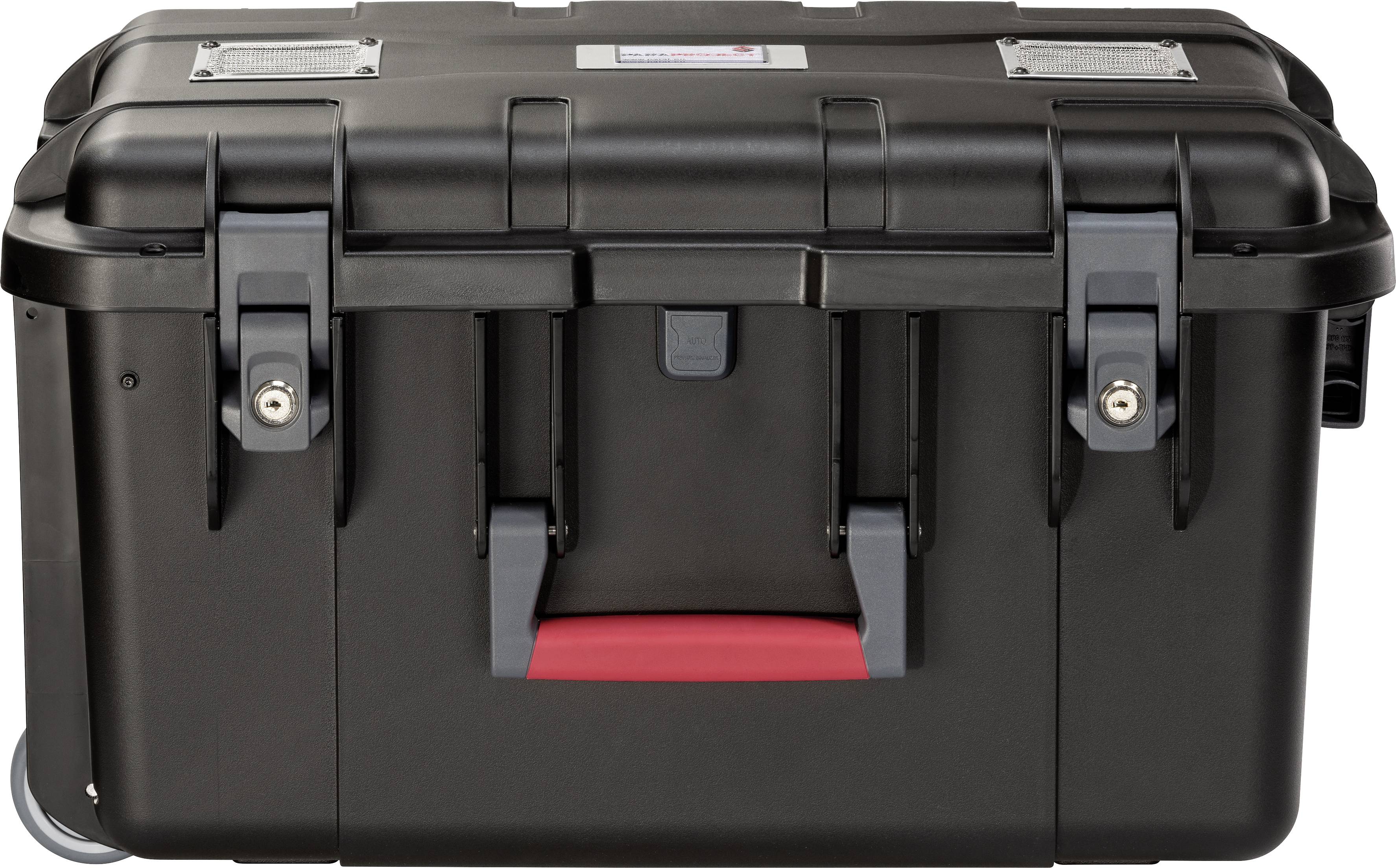 Czarny, wytrzymały kufer transportowy z ryglami i uchwytami. Odpowiedni do bezpiecznego przewożenia delikatnego sprzętu.