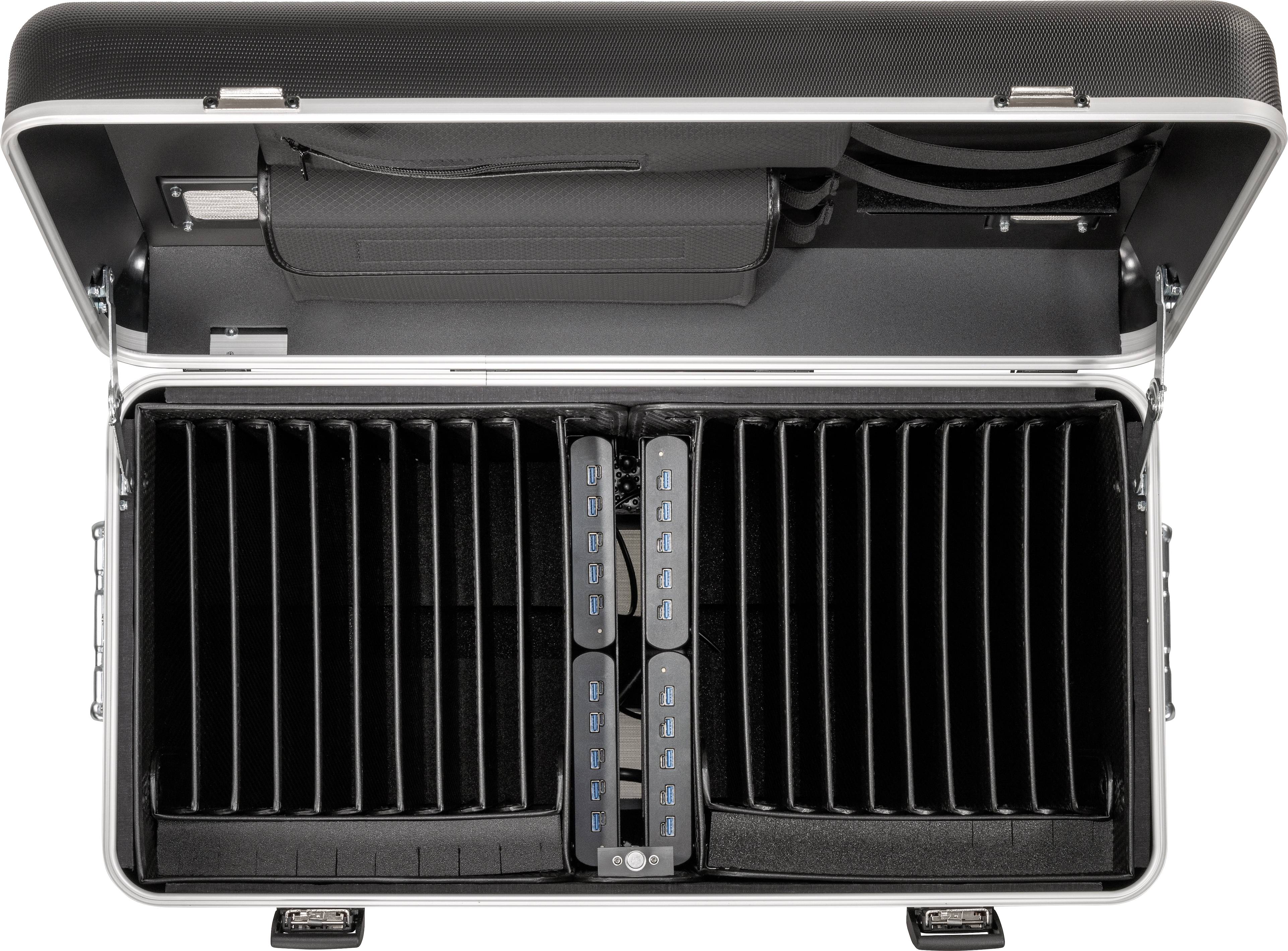 'Otwarty kufer z pionową stacją ładowania i przegrodami na kilka tabletów. Widoczne wewnętrzne lampki sygnalizacyjne i kable.'