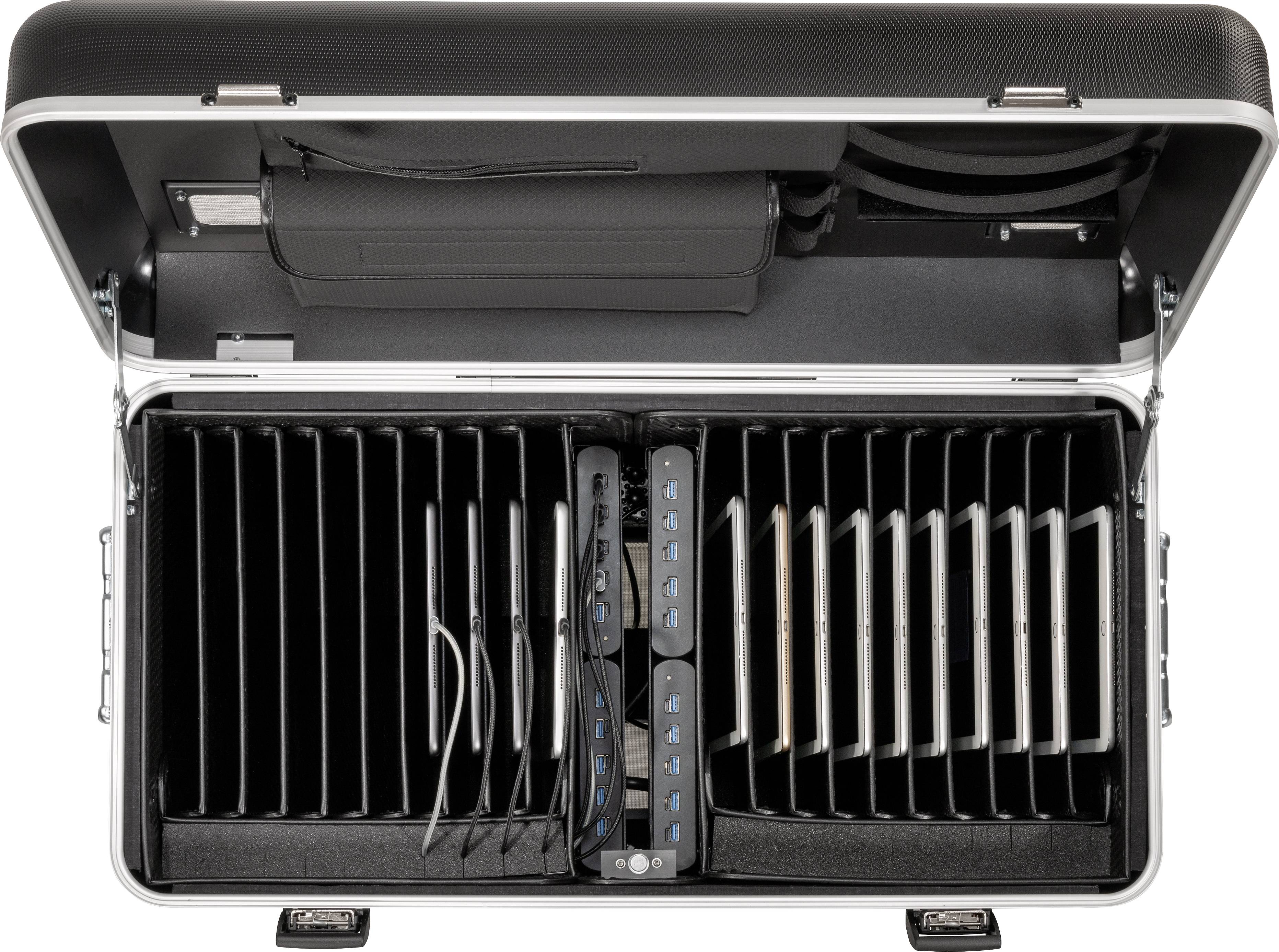 Otwarty kufer z wieloma przegrodami na tablety i laptopy, wewnątrz których są zorganizowane urządzenia.