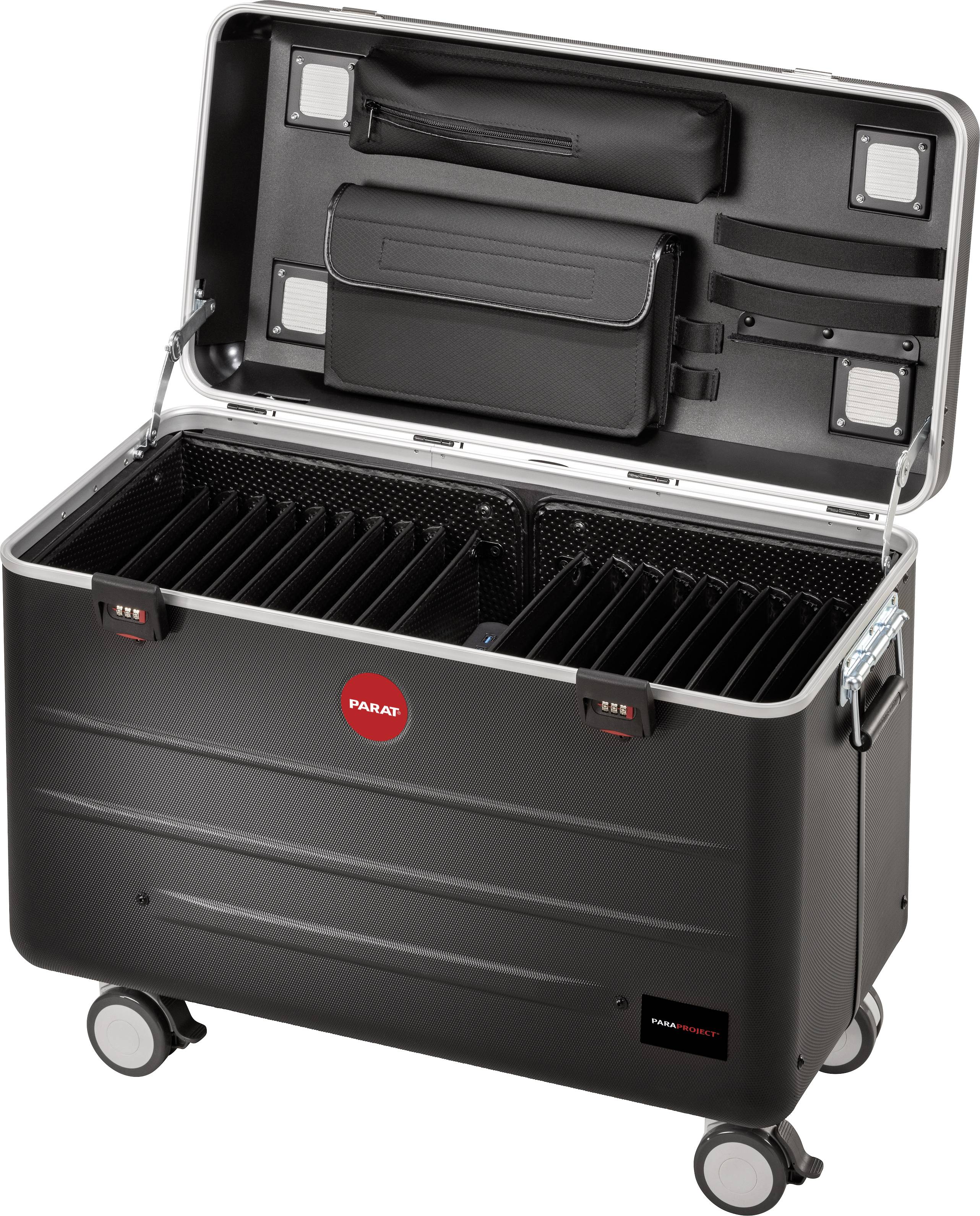 Solidny, otwarty wózek transportowy z przegrodami wewnętrznymi, odpowiedni do bezpiecznego przewożenia laptopów i akcesoriów.