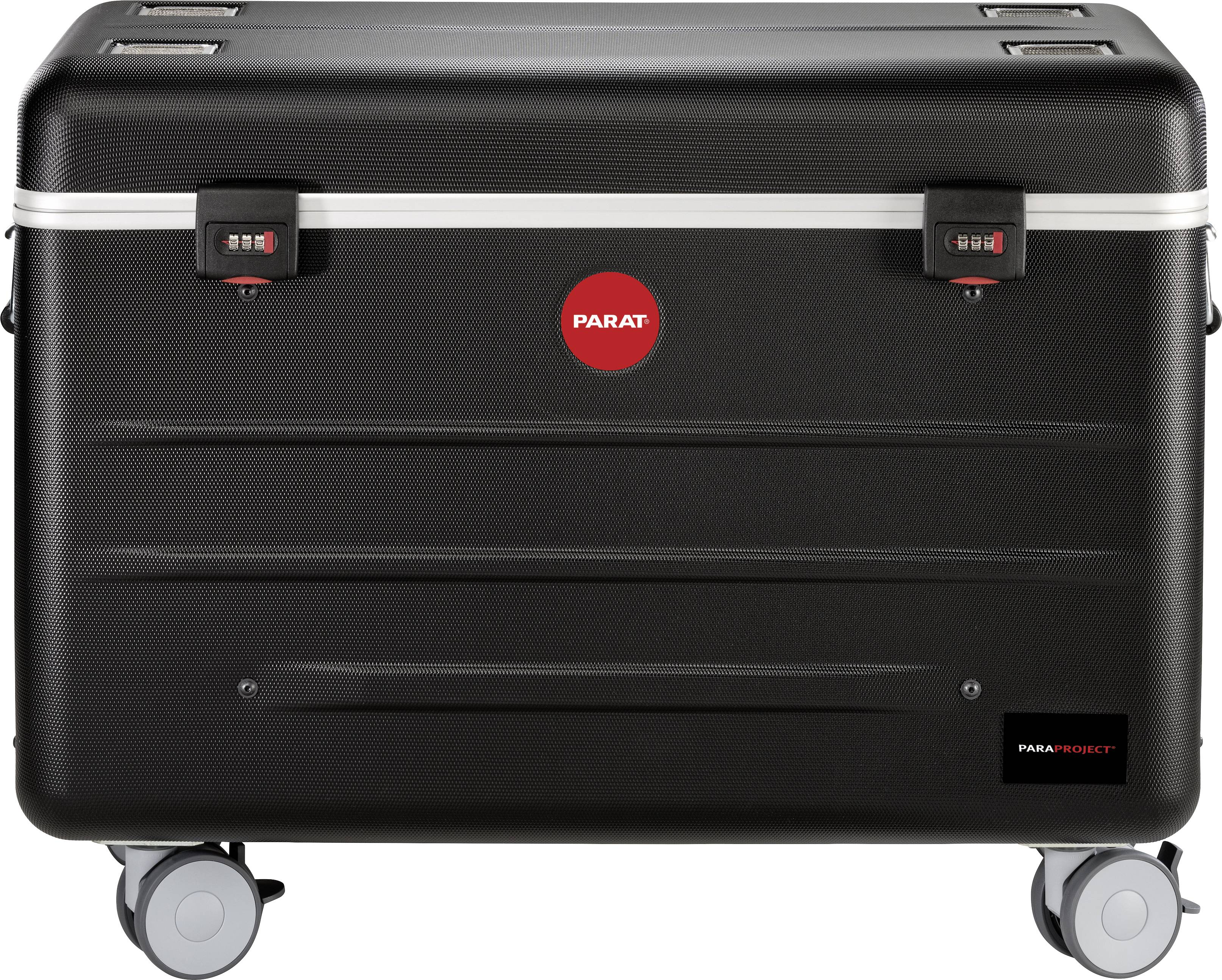 Czarny mobilny kufer z czerwonymi zamkami szyfrkowymi i czerwonym okrągłym logo pośrodku. Kufer posiada cztery szare kółka.