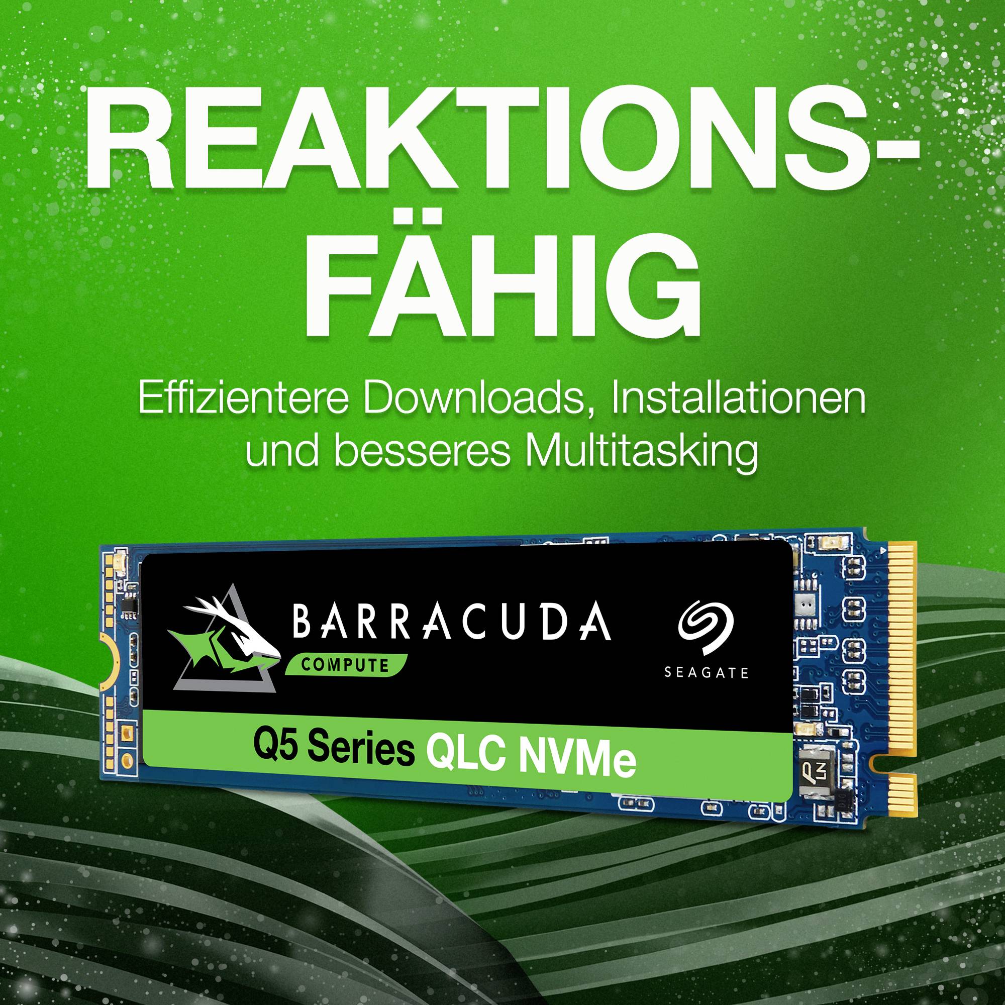 'Barracuda Q5 Series QLC NVMe' SSD firmy Seagate na zielonym tle. Tekst: 'Responsywny. Wydajniejsze pobieranie, instalacja i lepsze wielozadaniowe działanie.'