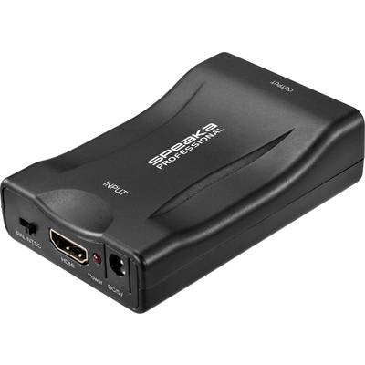 Konwerter HDMI 'SPEAKA', czarny, z przyłączami PAL/NTSC, HDMI, zasilanie, DC/5V, wejście, wyjście. Mebel w tle nieostro zarysowany.