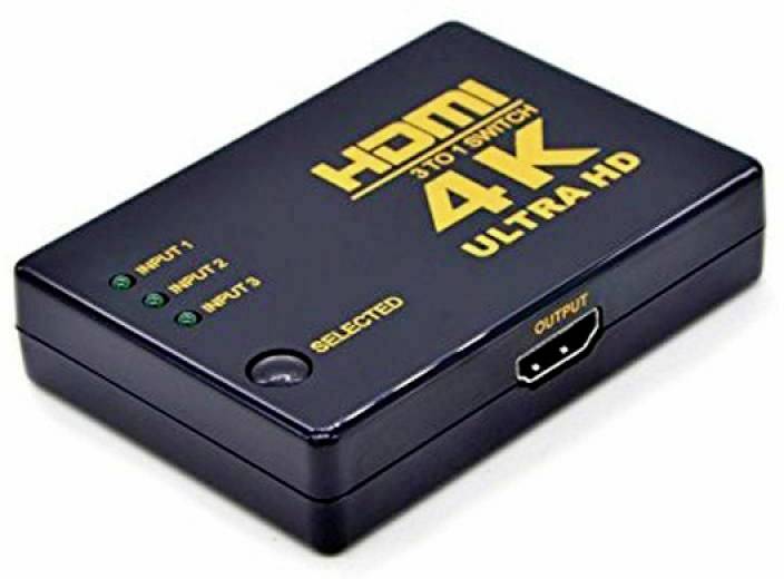 Czarny przełącznik HDMI 4K Ultra HD z trzema wejściami i jednym wyjściem. Oznaczony napisami 'INPUTS' i 'OUTPUT'.
