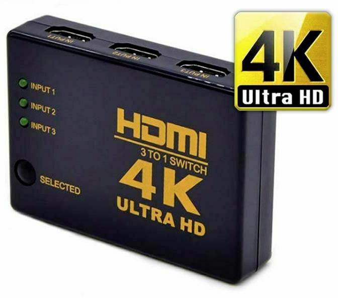Przełącznik HDMI z trzema wejściami i jednym wyjściem, obsługujący 4K Ultra HD. Wskaźniki LED sygnalizują aktywne wejście.