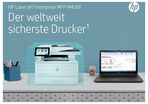 Drukarka HP LaserJet Enterprise MFP M430f jest wyróżniona tarczą bezpieczeństwa obok laptopa; tekst niemiecki mówi „Der weltweit sicherste Drucker" (najbezpieczniejsza drukarka na świecie).
