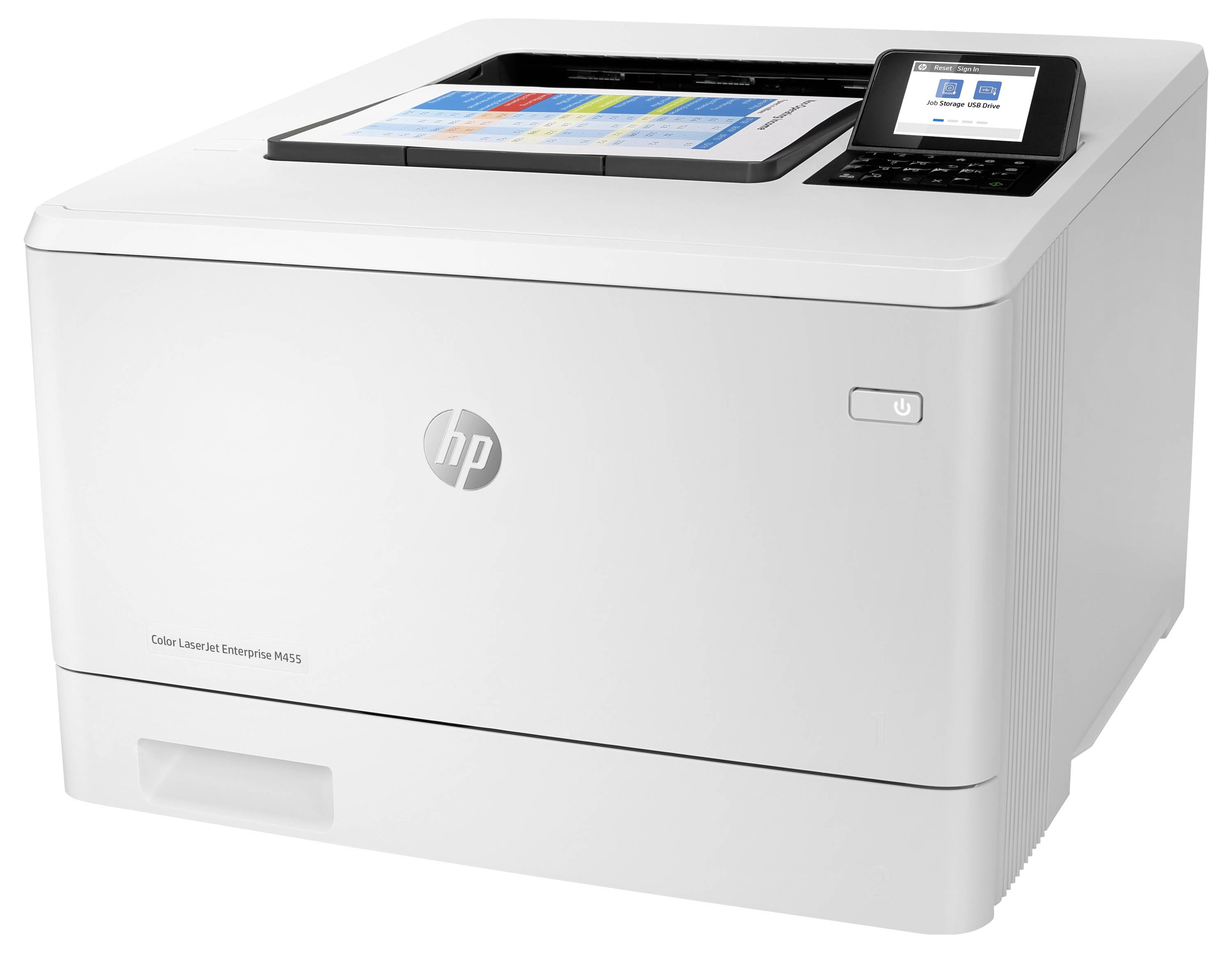 Drukarka HP Color LaserJet Enterprise M553 pokazana na białym tle z kolorowym panelem dotykowym sterowania i przyciskiem zasilania na froncie.
